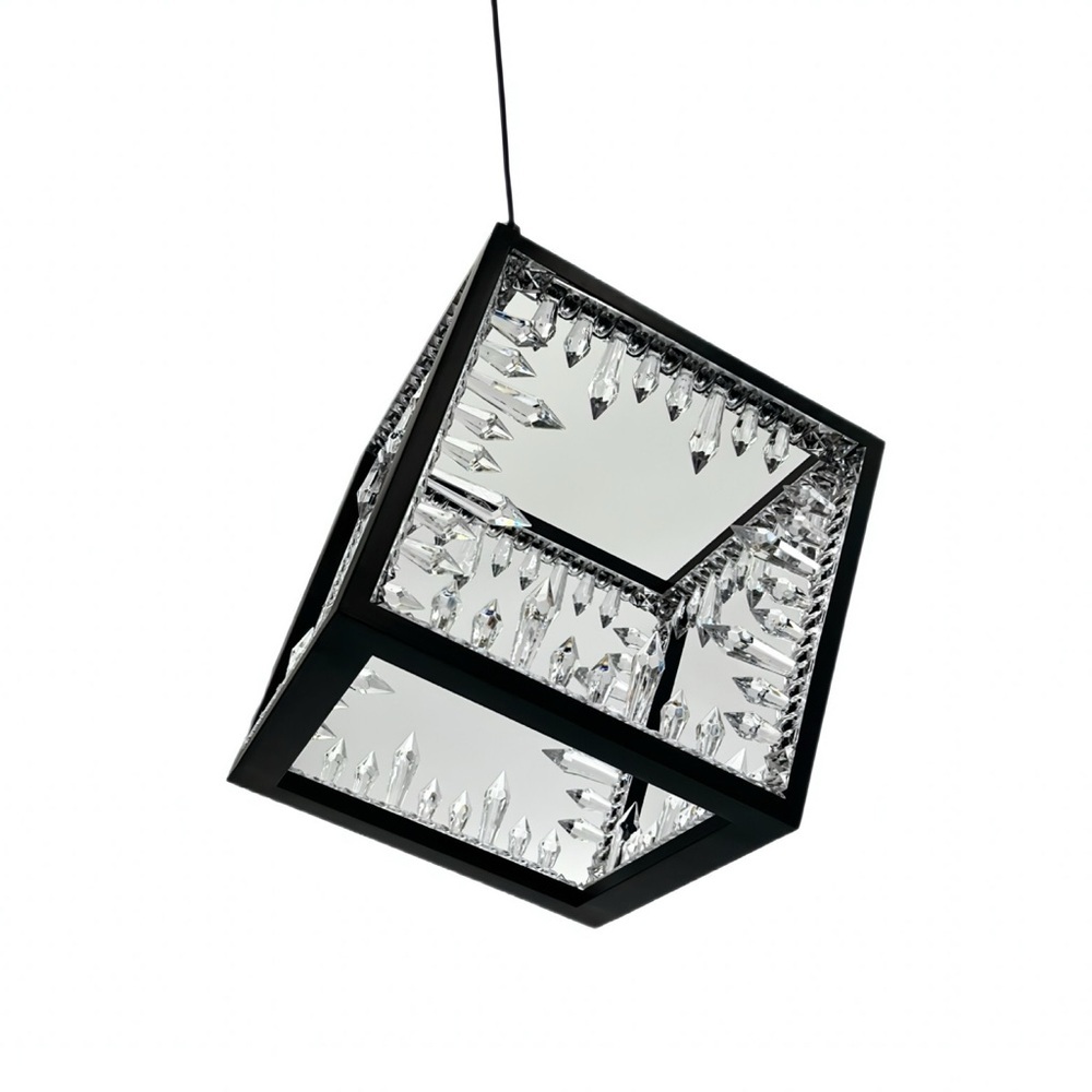 Modern Geometric Cube Pendant Light Black Crystal LED Chandelier Adjustable